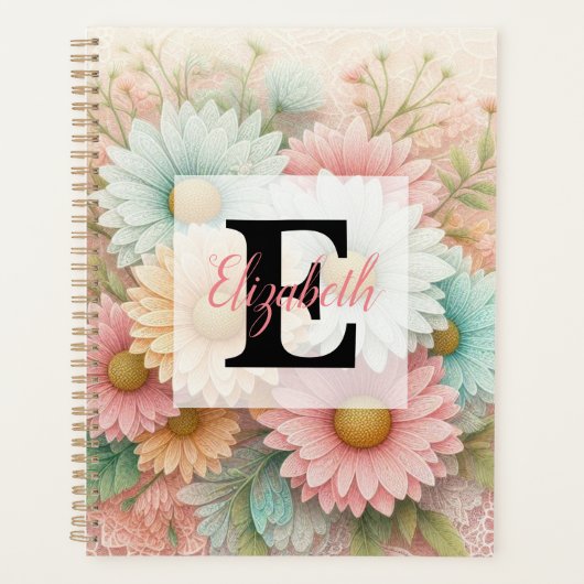 Monogram lace floral pink white blue daisies planner (Voorkant)