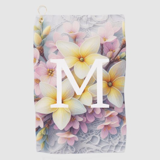 Monogram lace pink and yellow Spring flowers  Golfhanddoek (Voorkant)