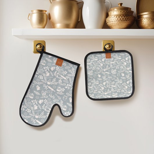Monogram Land Stijl Bloemen Bakken Patroon Blauw Ovenwant & Pannenlap Set