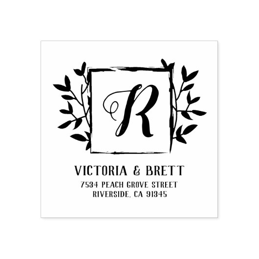 Monogram Laurel Lijst Bruiloft Retouradres Rubberstempel (Afrduk)