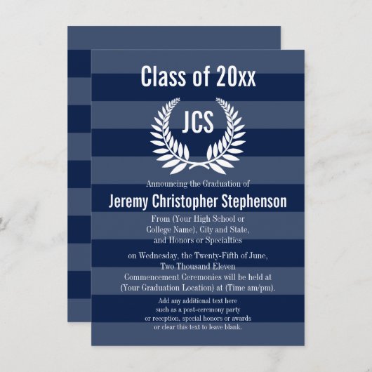 Monogram Laurel Mannelijk Blauw Afstuderen Kaart (Voorkant / Achterkant)