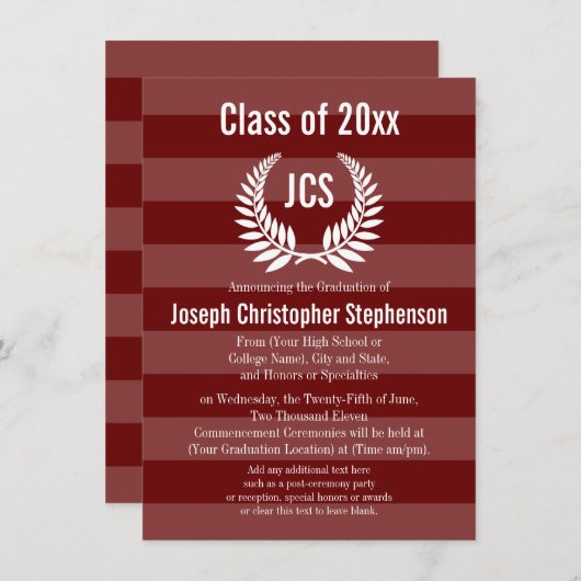 Monogram Laurel Masculine Red Maroon Afstuderen Kaart (Voorkant / Achterkant)
