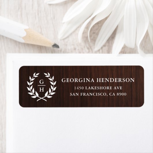 Monogram Laurel Wreath Rustic Wood Pattern Etiket (Insitu)