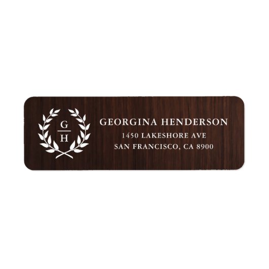 Monogram Laurel Wreath Rustic Wood Pattern Etiket (Voorkant)
