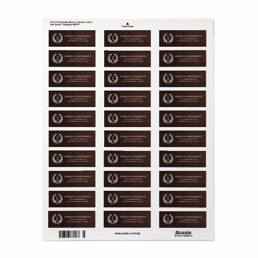 Monogram Laurel Wreath Rustic Wood Pattern Etiket (Full Sheet)