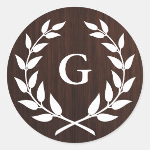 Monogram Laurel Wreath Rustic Wood Pattern Ronde Sticker