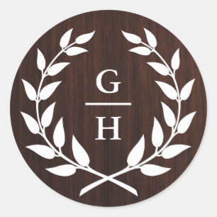 Monogram Laurel Wreath Rustic Wood Pattern Wedding Ronde Sticker