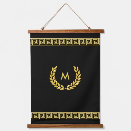 Monogram, laurier- en gouden Griekse patroon op zw Hangend Wandkleed (Voorkant)