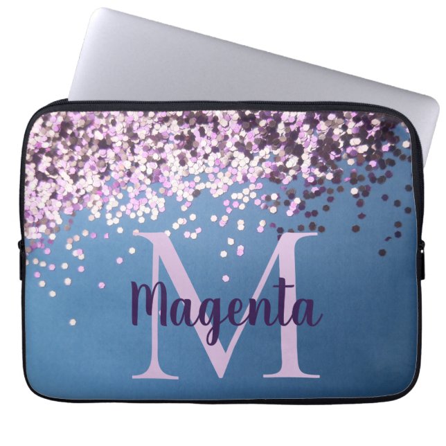 Monogram Lavender Confetti on Blue Laptop Sleeve (Voorkant)