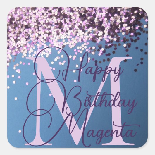 Monogram Lavender Confetti op Blue Square Stick Vierkante Sticker (Voorkant)