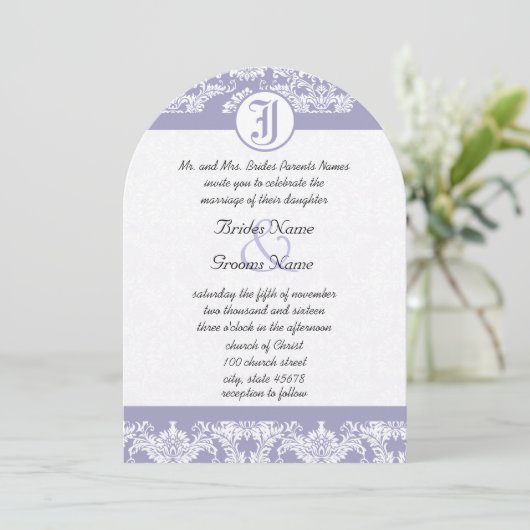 Monogram  Lavender Damask Foto Wedding Kaart (Staand voorkant)