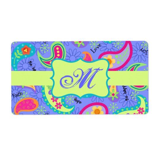 Monogram lavender Green Modern Paisley Pattern Etiket (Voorkant)