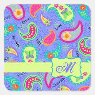 Monogram lavender Green Modern Paisley Pattern Vierkante Sticker