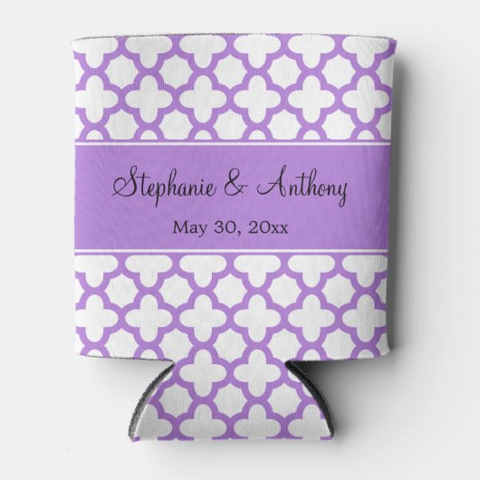 Monogram Lavender Quatrefoil Pattern Weddenschap Blikjeskoeler (Voorkant)