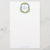 Monogram Lemon Crest, Blauw en Wit Custom Briefpapier (Voorkant)