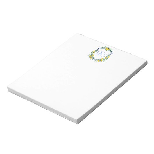 Monogram Lemon Crest, Blauw en Wit Custom Notitieblok (Gedraaid)