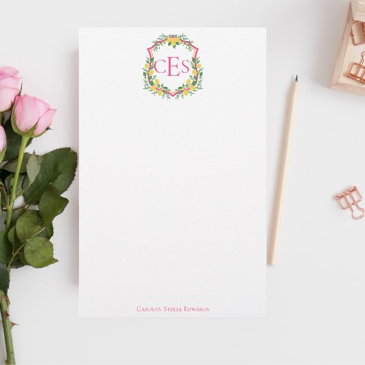 Monogram Lemon Crest, Roze & Sinaasappel Custom Briefpapier