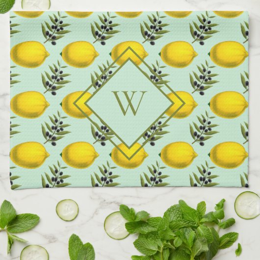 Monogram Lemon en olijfpatroon geel en blauw Theedoek (Gevouwen)