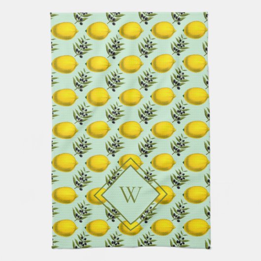 Monogram Lemon en olijfpatroon geel en blauw Theedoek (Verticaal)