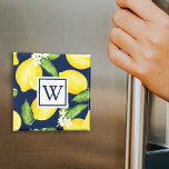 Monogram Lemon Fruit Marine Magnet<br><div class="desc">Le motif de citron à l'aquarelle botanique est doté d'un monogramme carré blanc.</div>