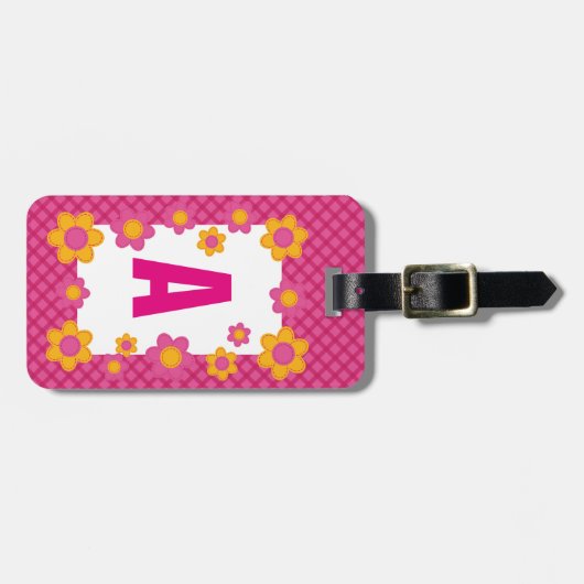 Monogram lente bloesem meisje roze geruite patroon bagagelabel (Voorkant horizontaal)