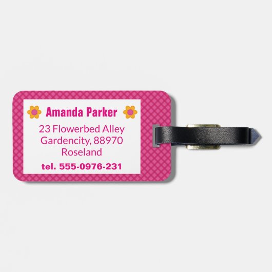 Monogram lente bloesem meisje roze geruite patroon bagagelabel (Achterkant horizontaal)