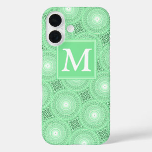 Monogram lentegroene cirkelpatroon iPhone 16 hoesje