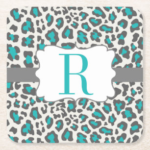 Monogram Leopard Aqua Gray White Paper Onderzetter