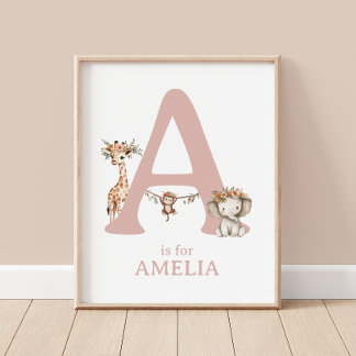Monogram Letter A Boho Safari Animal Nursery Wall Poster