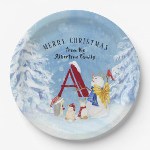 Monogram Letter A Merry kerstengel Snowman Papieren Bordje