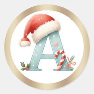 Monogram letter A, Santa hat Kerst sticker