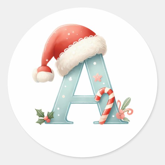 Monogram letter A, Santa hat Kerst sticker (Voorkant)