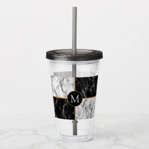Monogram Letter Acrylic Tumbler Black Witte marmer Acryl Drinkbeker