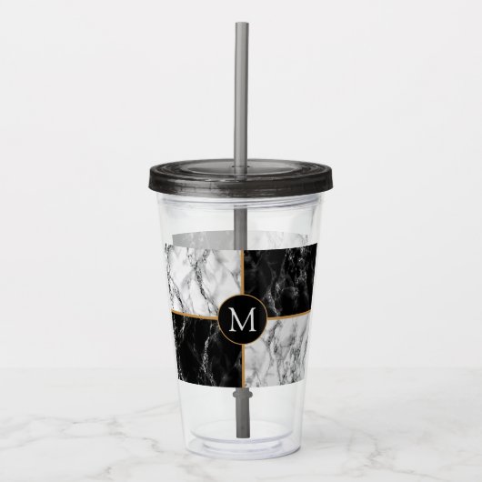 Monogram Letter Acrylic Tumbler Black Witte marmer Acryl Drinkbeker (Voorkant)
