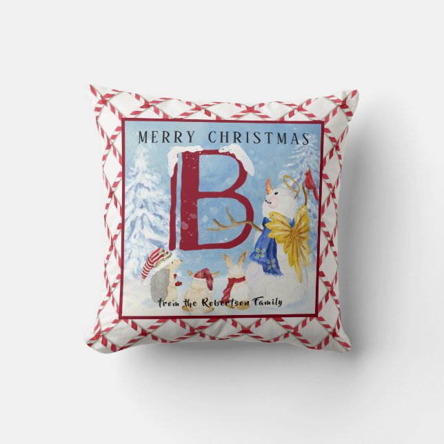 Monogram Letter B Angel Snowman Merry Kerstmis Kussen (Voorkant)