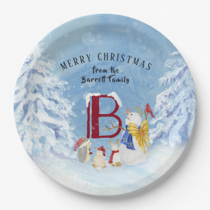 Monogram Letter B Angel Snowman Merry Kerstmis Papieren Bordje