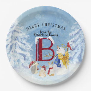 Monogram Letter B Angel Snowman Merry Kerstmis Papieren Bordje