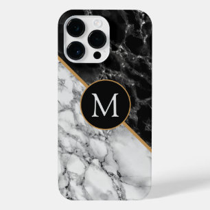 Monogram Letter Black White Marble Aangepast iPhone 14 Pro Max Hoesje