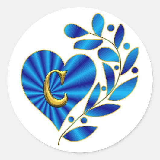 Monogram letter C blauw hart Ronde Sticker (Voorkant)