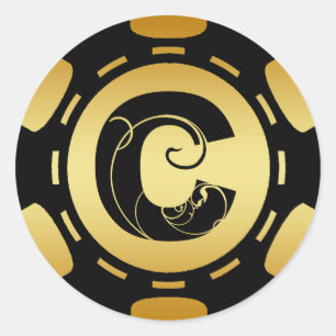 MONOGRAM LETTER C POKER CHIP GOLD EN ZWARTE MONOGR RONDE STICKER