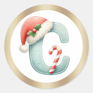 Monogram letter C, Santa hat Kerst sticker