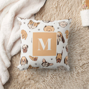 Monogram Letter Cute Doodle Dog Pattern Hondenlief Kussen