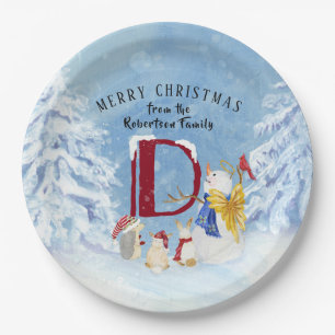 Monogram Letter D Cute Angel Snowman Kerstmis Papieren Bordje