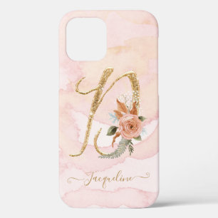 Monogram Letter D Gold Script Waterverf Floral iPhone 12 Hoesje