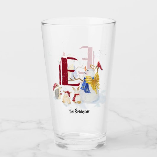 Monogram Letter E Kerstmis Snowman Angel Woodland Glas (Voorkant)