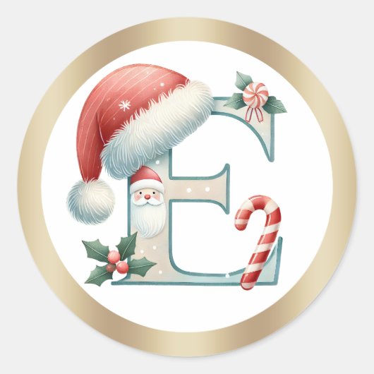 Monogram letter E, Santa hat Kerst sticker (Voorkant)