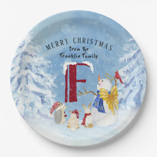 Monogram Letter F Schattig Angel Snowman Forest Papieren Bordje