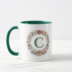 Monogram Letter Folk Bloemen Krans Aangepast Gesch Mok
