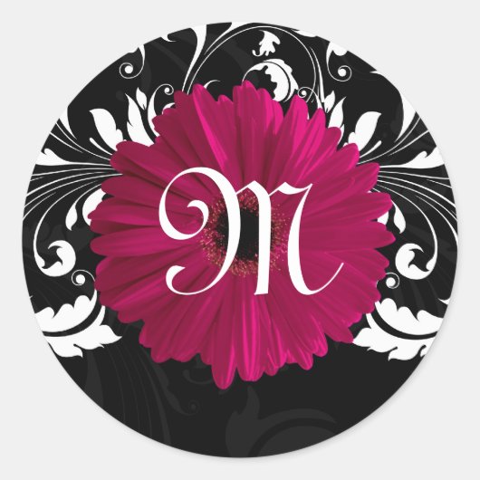 Monogram Letter Fuchsia, Black/White Gerbera Daisy Ronde Sticker (Voorkant)