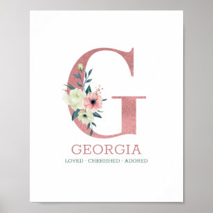 Monogram Letter G Roze Waterverf Floral Nursery Poster